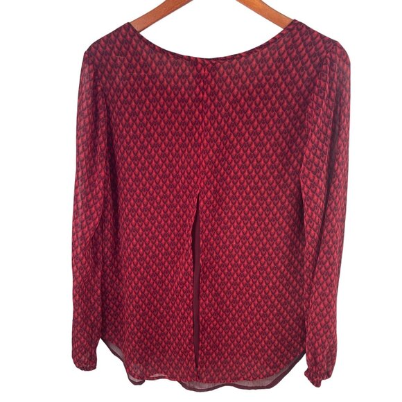 Lucky Brand Red & Black Animal Print Split Neck Blouse Sz Medium Long Sleeves - Picture 2 of 11